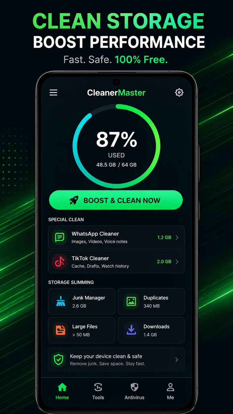 App home screen showing storage usage overview and quick-clean shortcuts