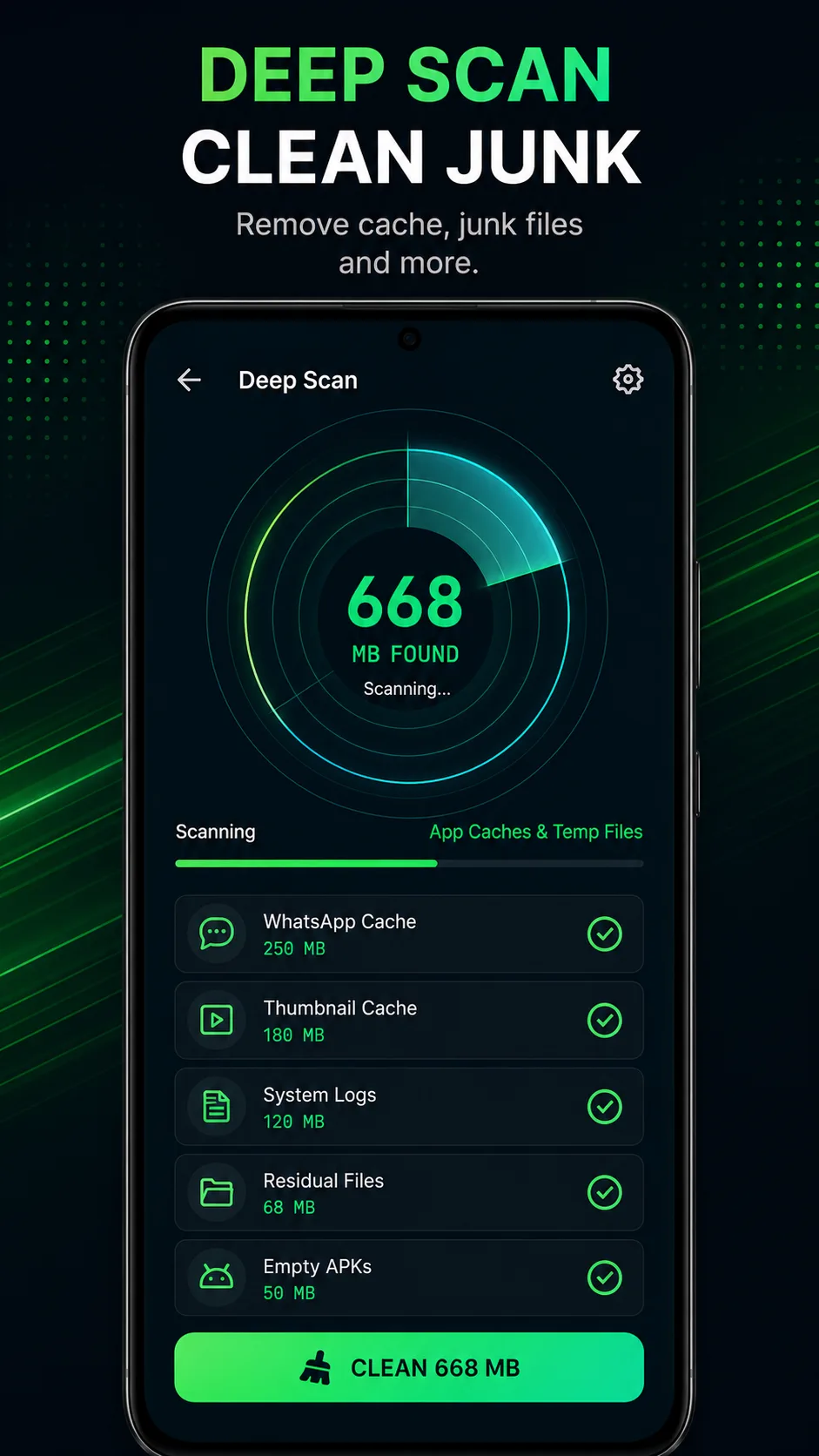 App deep scan screen finding cache and junk files to clean