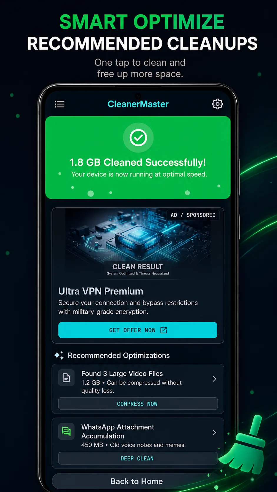 App screen showing a completed clean with recommended optimizations