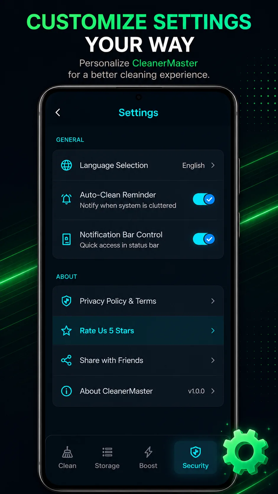 App settings screen for personalizing the cleaning experience
