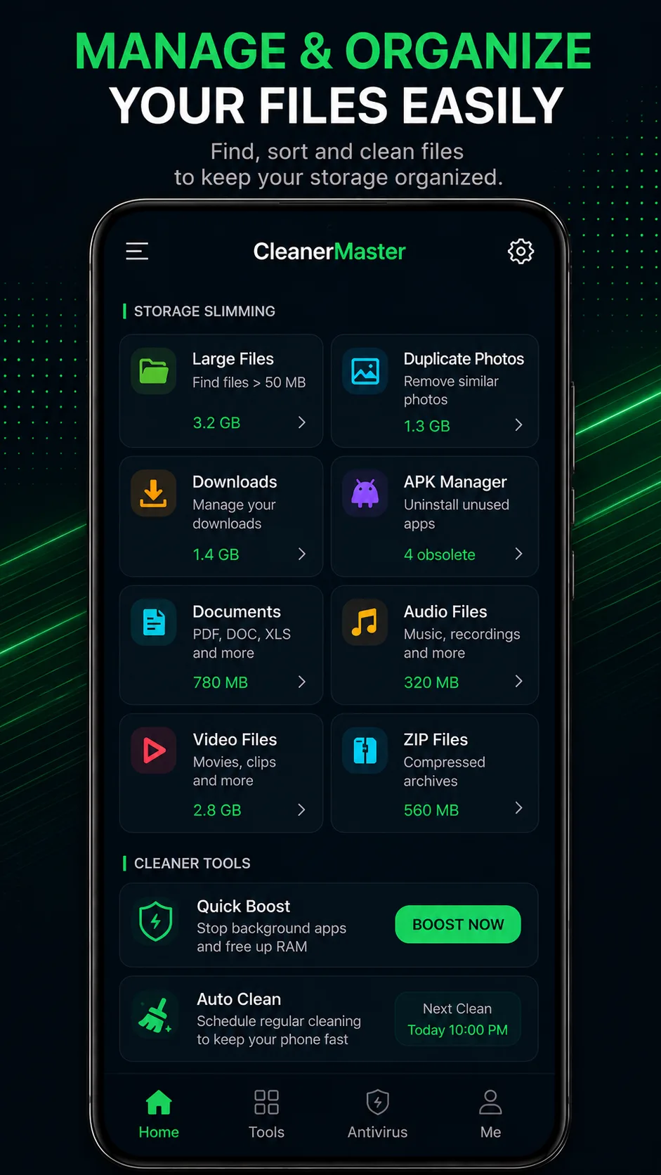 App storage screen for browsing and managing files by category