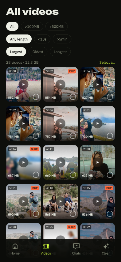 VidClean videos screen