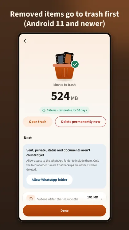 Done screen showing items moved to trash, restorable for 30 days, with an option to delete permanently now.