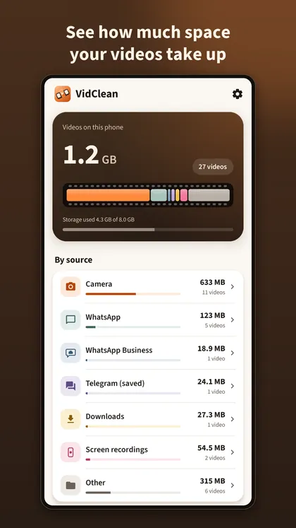 The VidClean home screen: videos on this phone with total size and count, then a list of sources such as camera, WhatsApp and downloads.