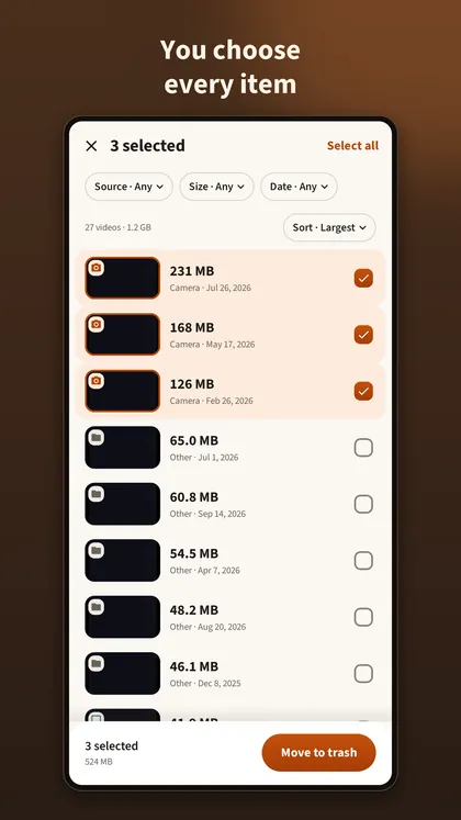 Video list with three videos ticked and a Move to trash button at the bottom.