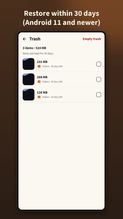 The trash screen listing removed items with the days left for each.